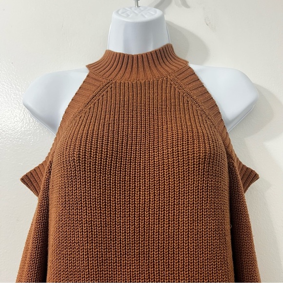Womens XS Brown Cold Shoulder Mock Long Sleeve Sweater Dress Chic Minimalist - Picture 3 of 8